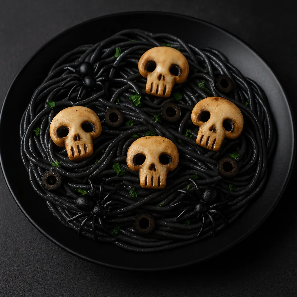 Espaguetis con calaveras de champiñón
